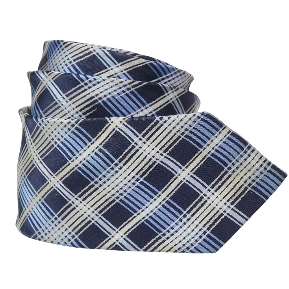 Sean John Men's 100% Silk Necktie Designer Plaid Navy/Light Blue/Silver‎ EUC